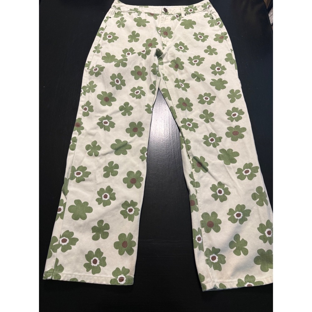 RSQ White Straight Leg Jeans with Green Floral Print